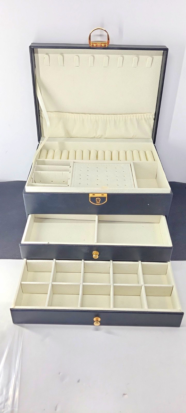 Black Faux Leather Jewelry Box Chest Lockable Lined Drawers 10x6x6 in